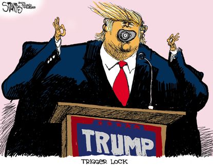 Political cartoon U.S. Donald Trump trigger lock mouth