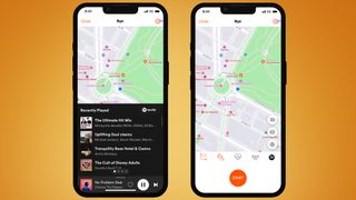 Two phones showing Strava's new Spotify integration