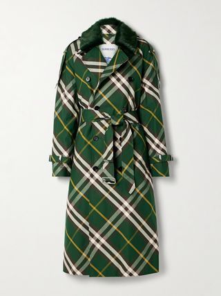 Faux Fur-Trimmed Checked Cotton-Gabardine Trench Coat