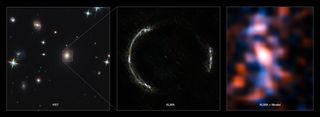 The ALMA telescope has revealed star-forming regions in a galaxy only 2.4 billion years after the Big Bang — the most detailed image of such a distant galaxy ever obtained. The left panel, an image taken by Hubble, shows the foreground lensing galaxy, while the background galaxy SDP.81 is hardly visible. The middle image shows the ALMA image of the Einstein ring, with the foreground lensing galaxy invisible to ALMA. The resulting reconstructed image (right) reveals never-before-seen structures in incredible detail.