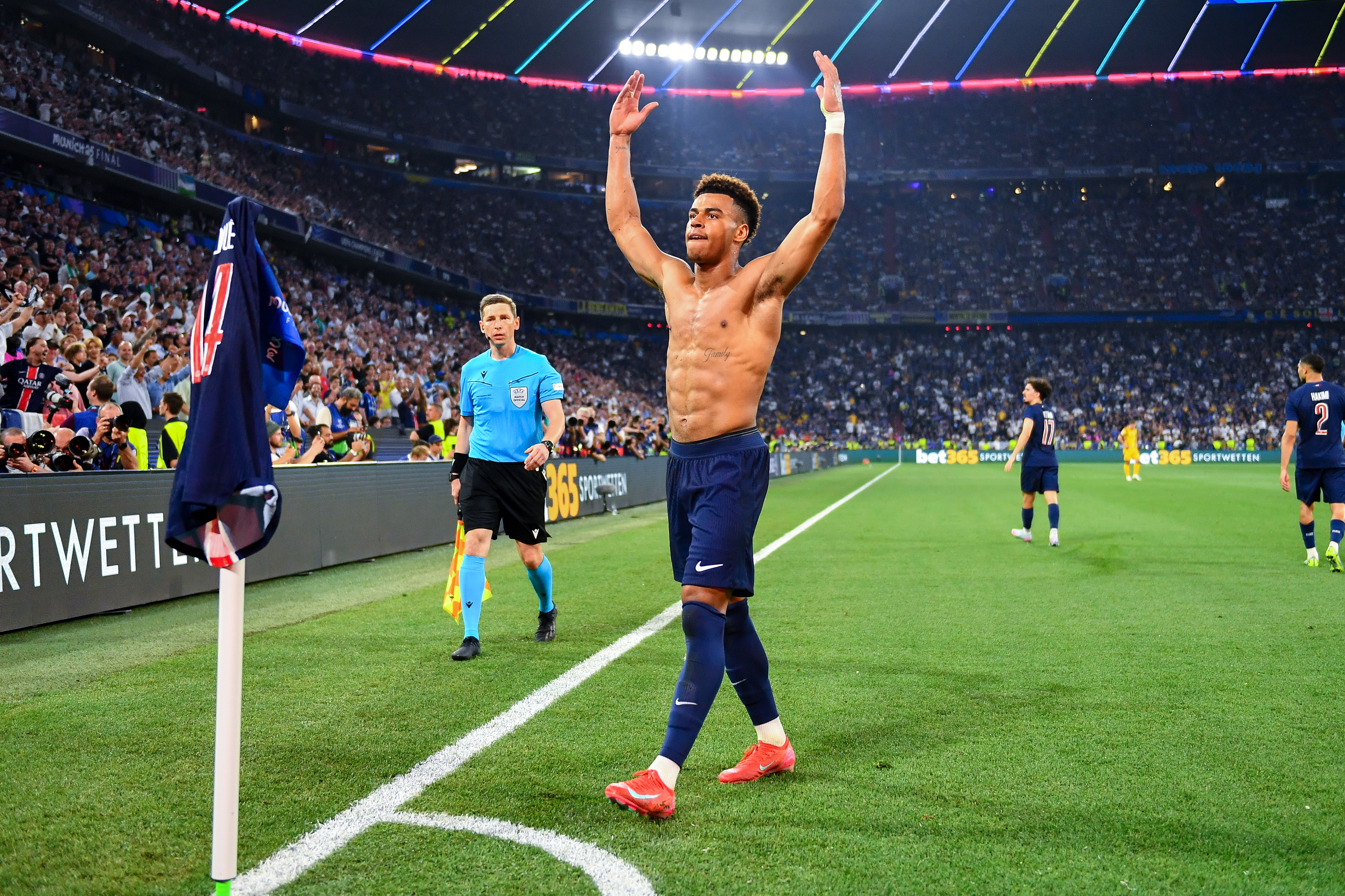 A shirtless Desire Doue celebrates putting PSG 3-0 up over Inter in the 2025 Champions League final