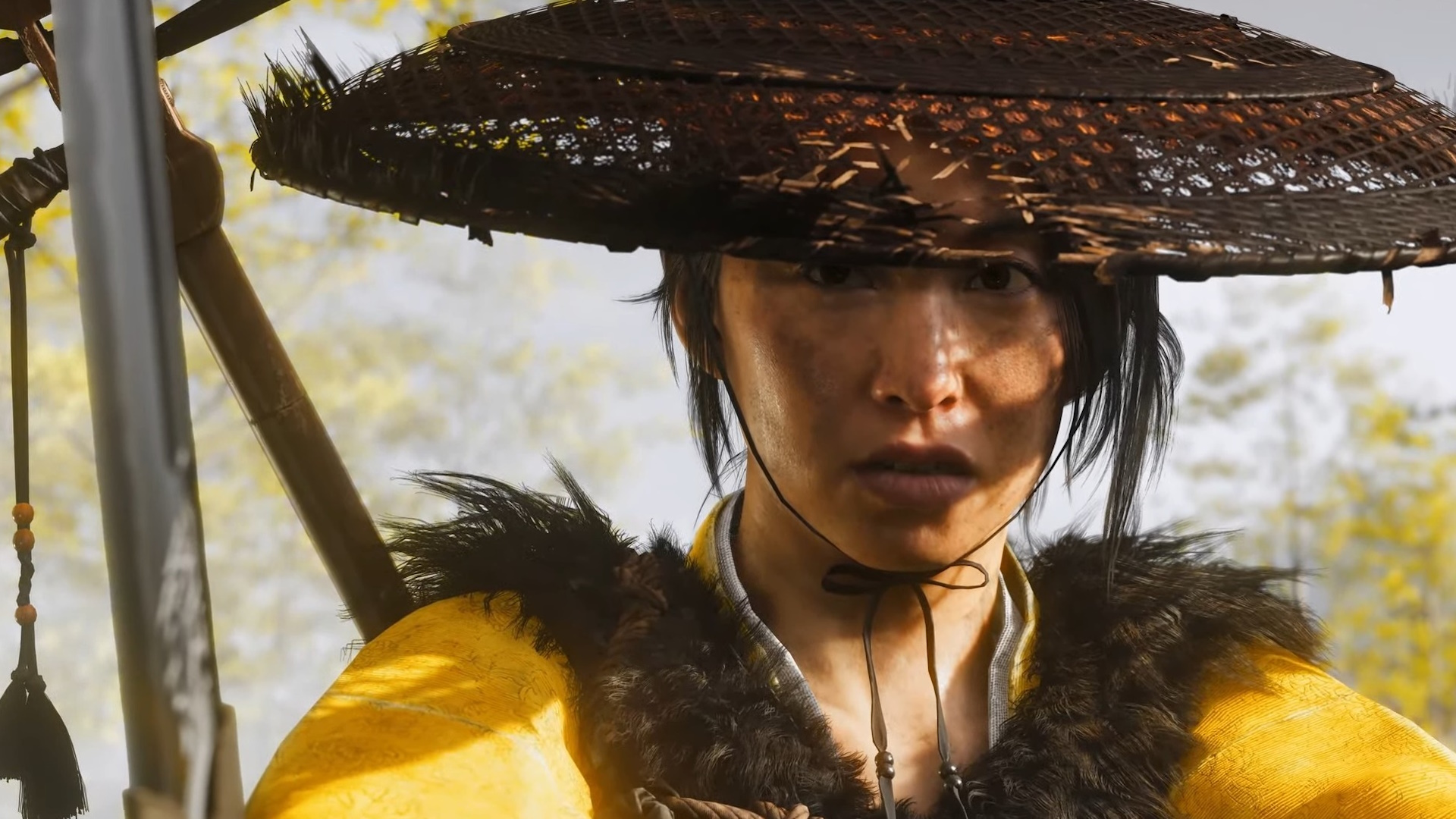 The Ghost of Yotei leads Atsu into a straw hat