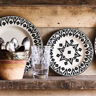 plates with indian sponge print and glass