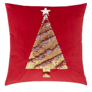 Red Christmas tree cushion with silver and gold sequin