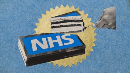 Photo collage of the NHS logo being cut into like a cake