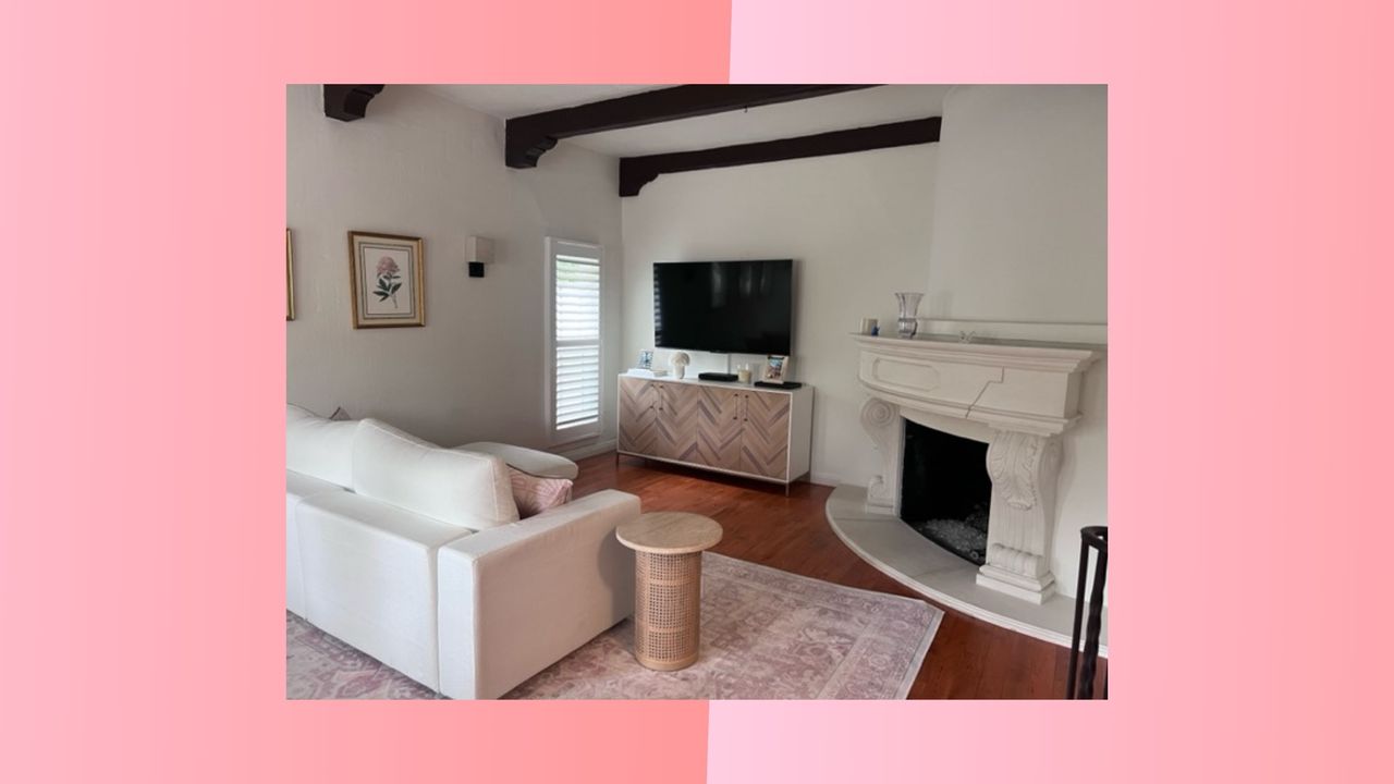 Clean, decluttering living room on a pink background