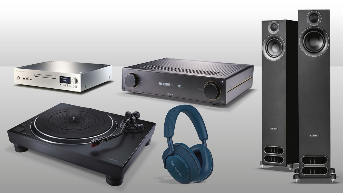 Technics turntable, streamer, PMC floorstanders, B&amp;W headphones and Arcam amplifier on grey background