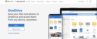 Homepage of OneDrive, one of the best Google Photos Alternatives, showing cartoon of website on tablet and mobile phone