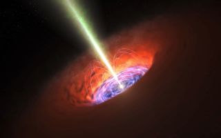 This artist's concept shows a black hole's surroundings, including its accretion disk, jet and magnetic field.