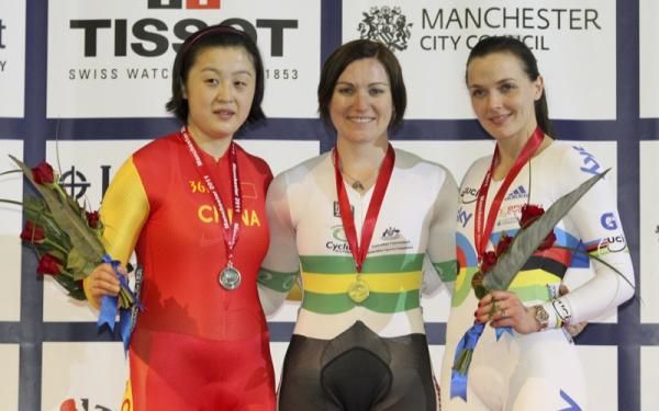 The women's sprint podium (l-r): Shuang Guo (China), Anna Meares (Aus) and Victoria Pendleton (Team Sky).