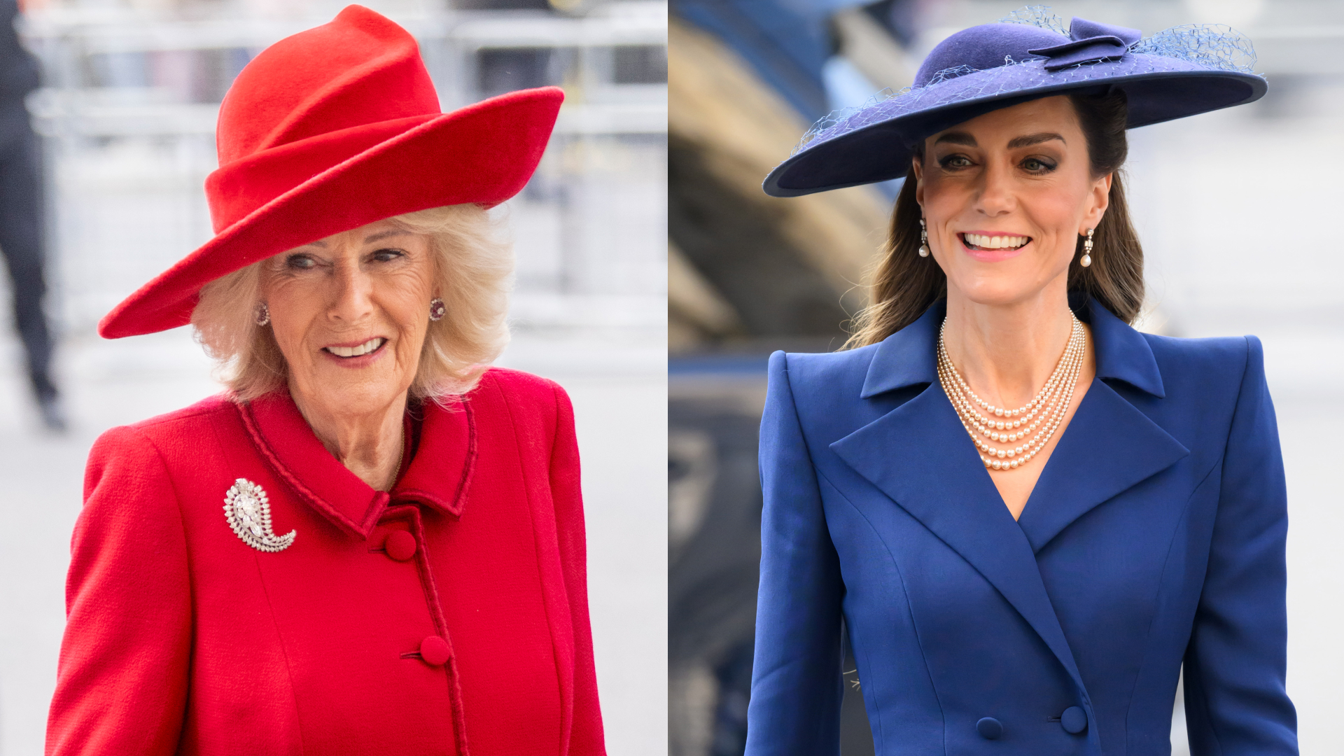 Princess Kate in a blue coat and hat; Queen Camilla in a red coat and hat