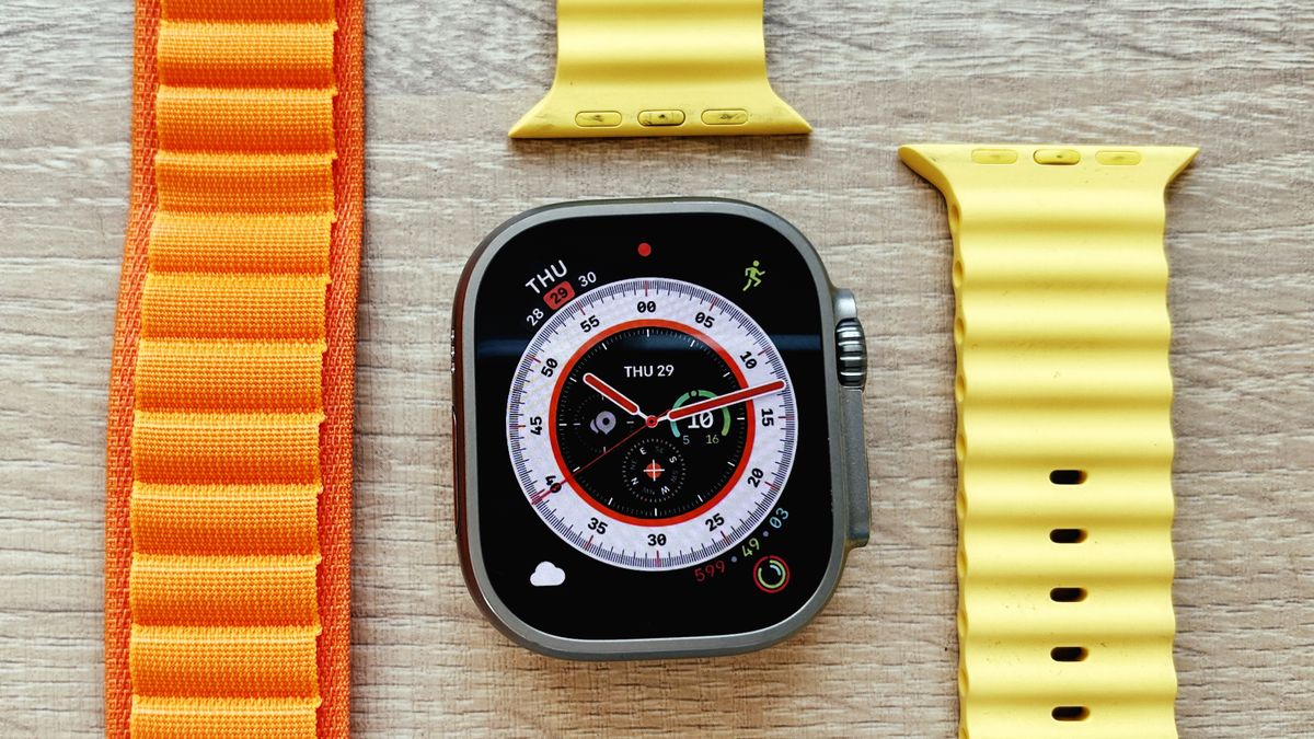 A photo of the Apple Watch Ultra with the Alpine and Ocean loops