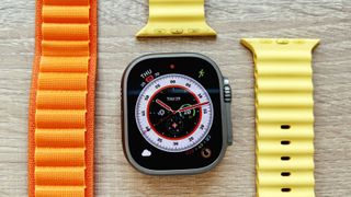 A photo of the Apple Watch Ultra with the Alpine and Ocean loops