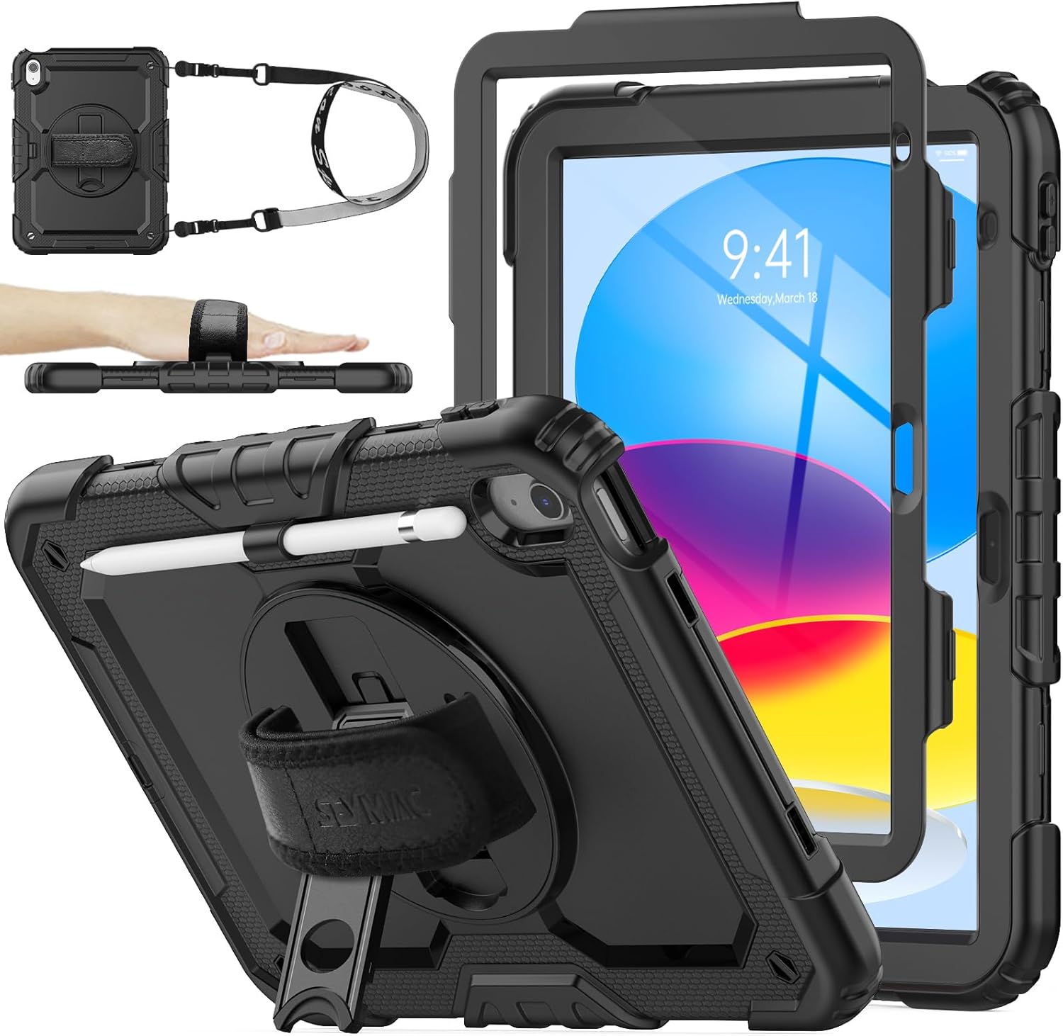 The Seymac case for iPad seen from four angles: from the top with a strap, from the side with stand, from the side being held by strap, and from the front