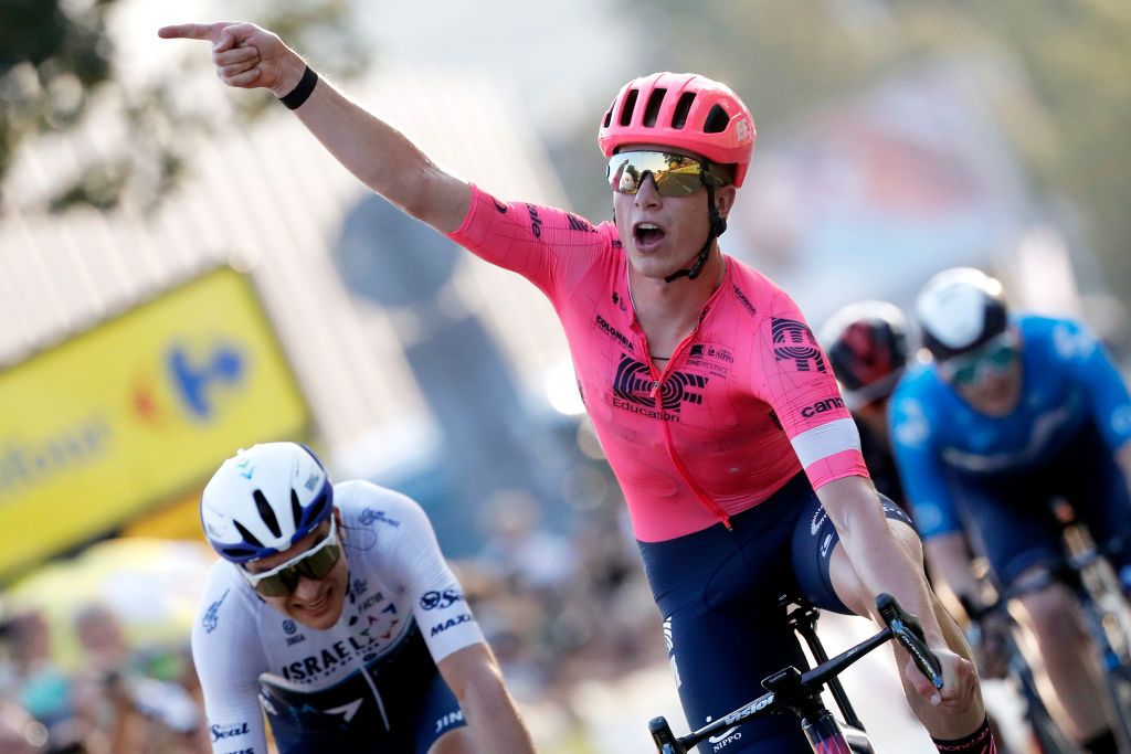 KRAKOW POLAND AUGUST 15 Julius Van Den Berg of The Netherlands and Team EF Education Nippo celebrates at finish line as stage winner during the 78th Tour de Pologne 2021 Stage 7 a 145km stage from Zabrze to Krakw TourdePologne TDP2021 UCIWT on August 15 2021 in Krakow Poland Photo by Bas CzerwinskiGetty Images