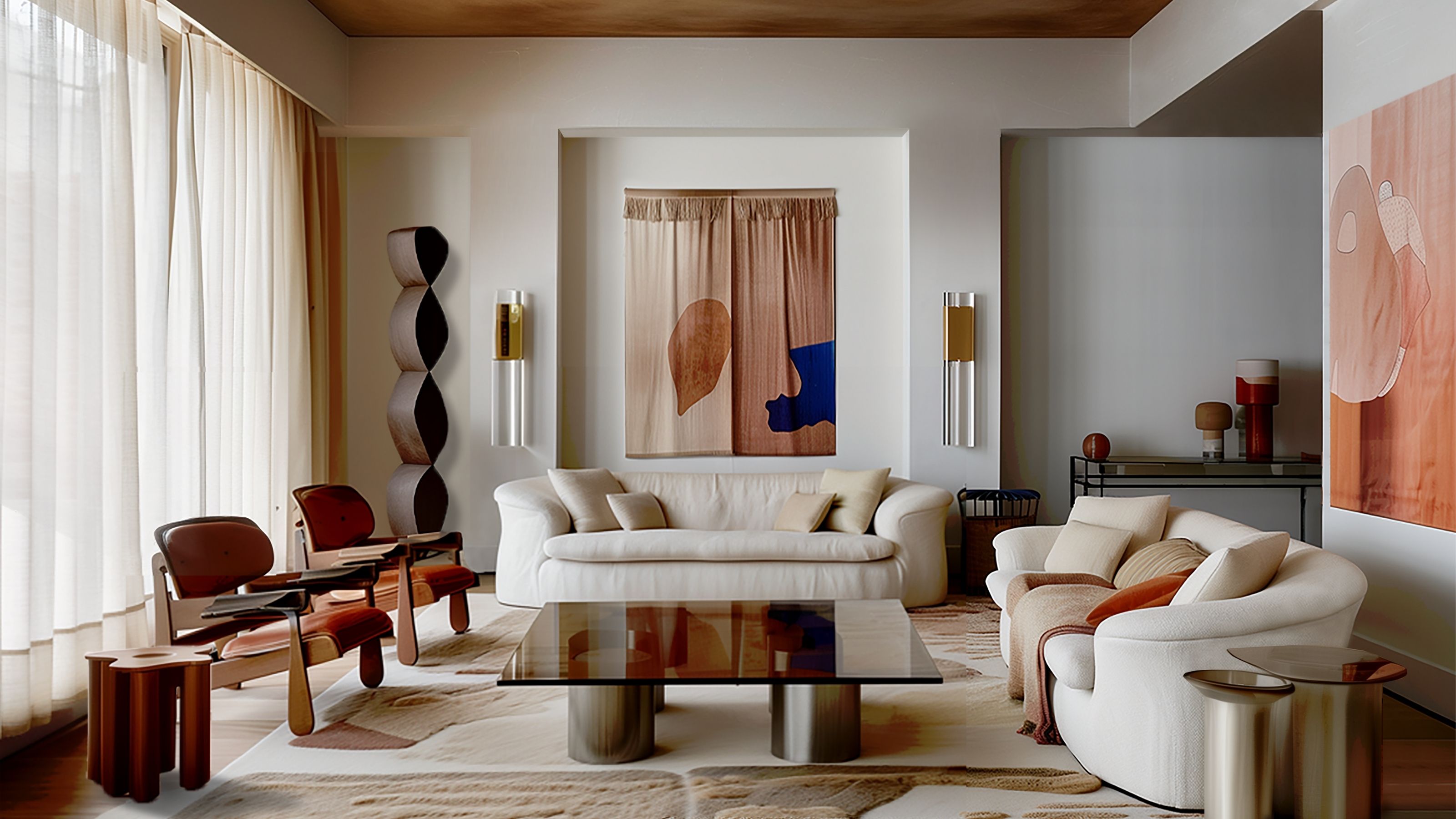 Image of a large white living room with a warm brown and orange color scheme. There are two matching white sofas and two wooden and leather accent chairs with a chrome and mirror coffee table in the center.