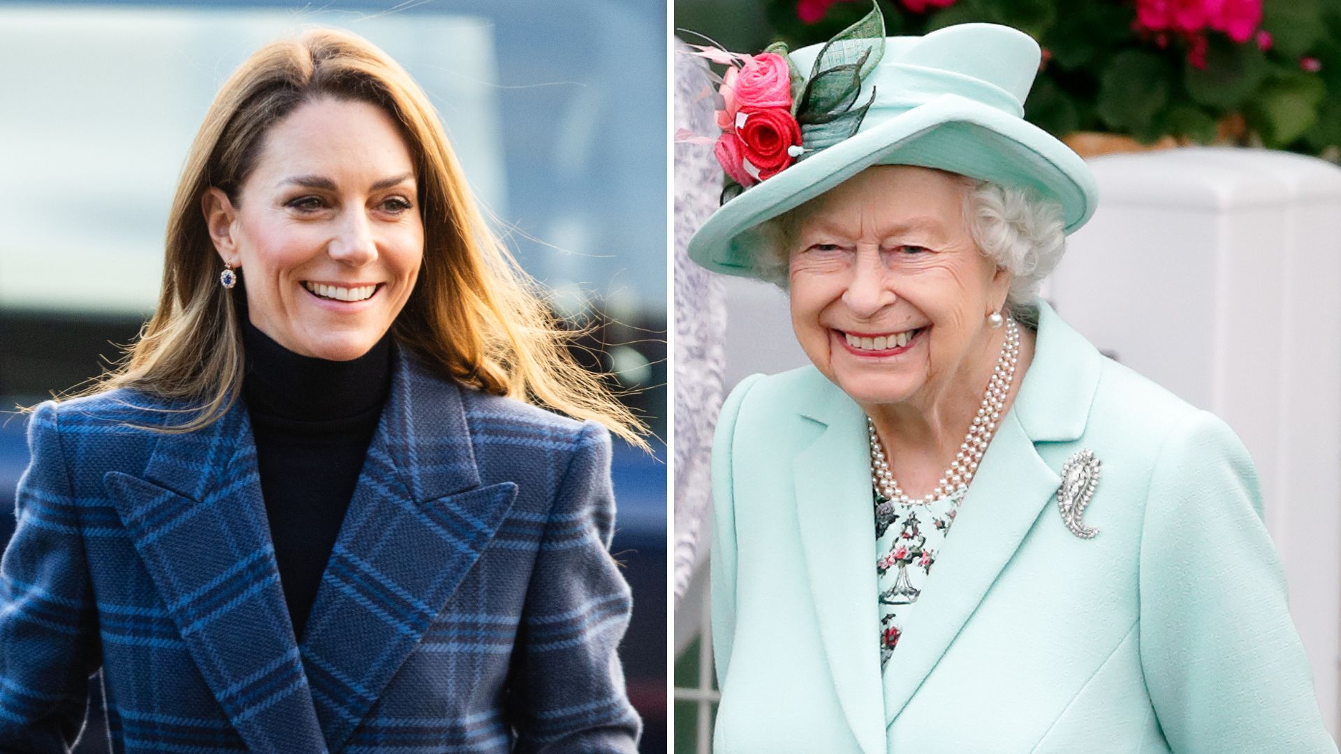 A composite of a picture of Kate Middleton in January 2026 and a picture of Queen Elizabeth at Ascot in 2021