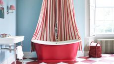How to clean a shower curtain and its liner – roll top bath in red with red and white striped shower curtain