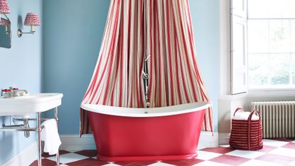 How to clean a shower curtain and its liner – roll top bath in red with red and white striped shower curtain