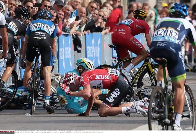 Another crash: Jurgen van den Broeck (Lotto Bellisol) hits the deck in stage 7.