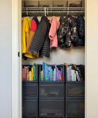 organised closet with labelled baskets