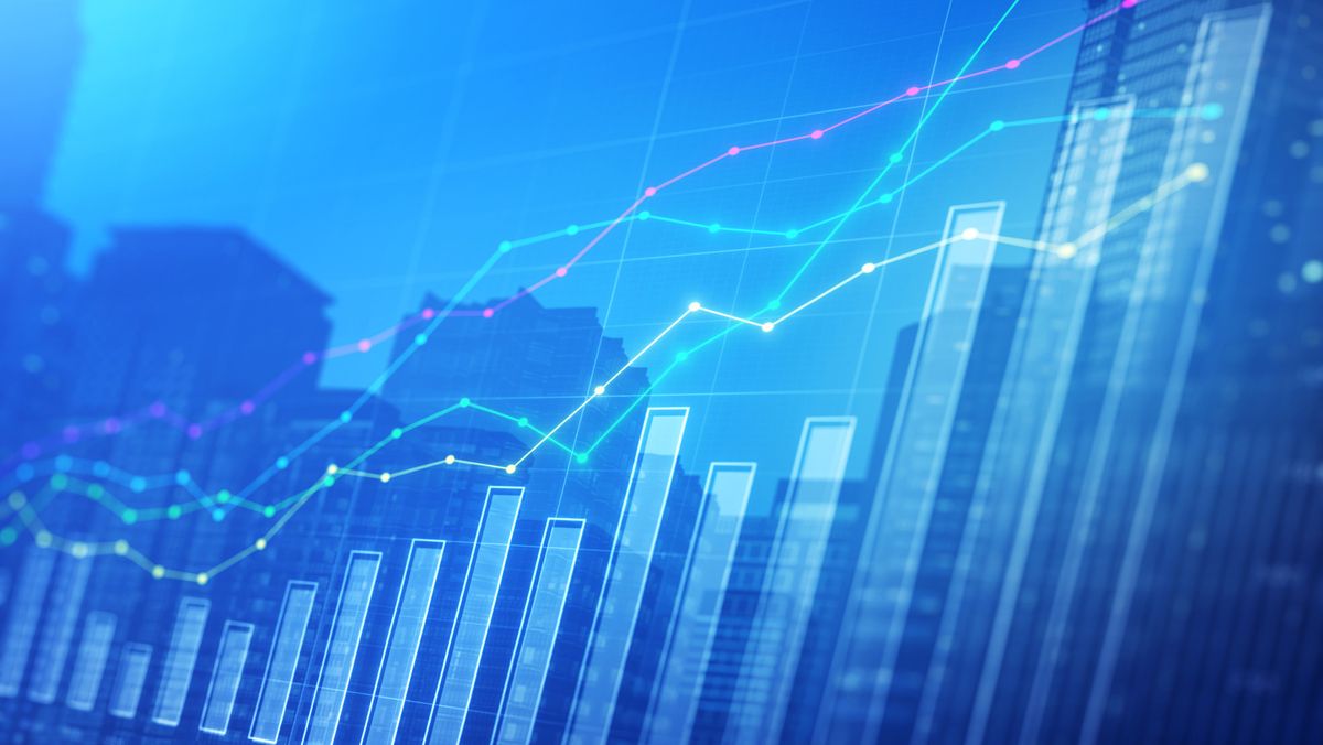 A blue bar chart representing digital transformation costs, with glowing lines following the bars.