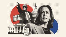 Illustration of Kamala Harris, Donald Trump, the White House and Capitol