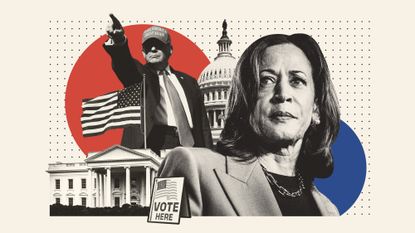 Illustration of Kamala Harris, Donald Trump, the White House and Capitol