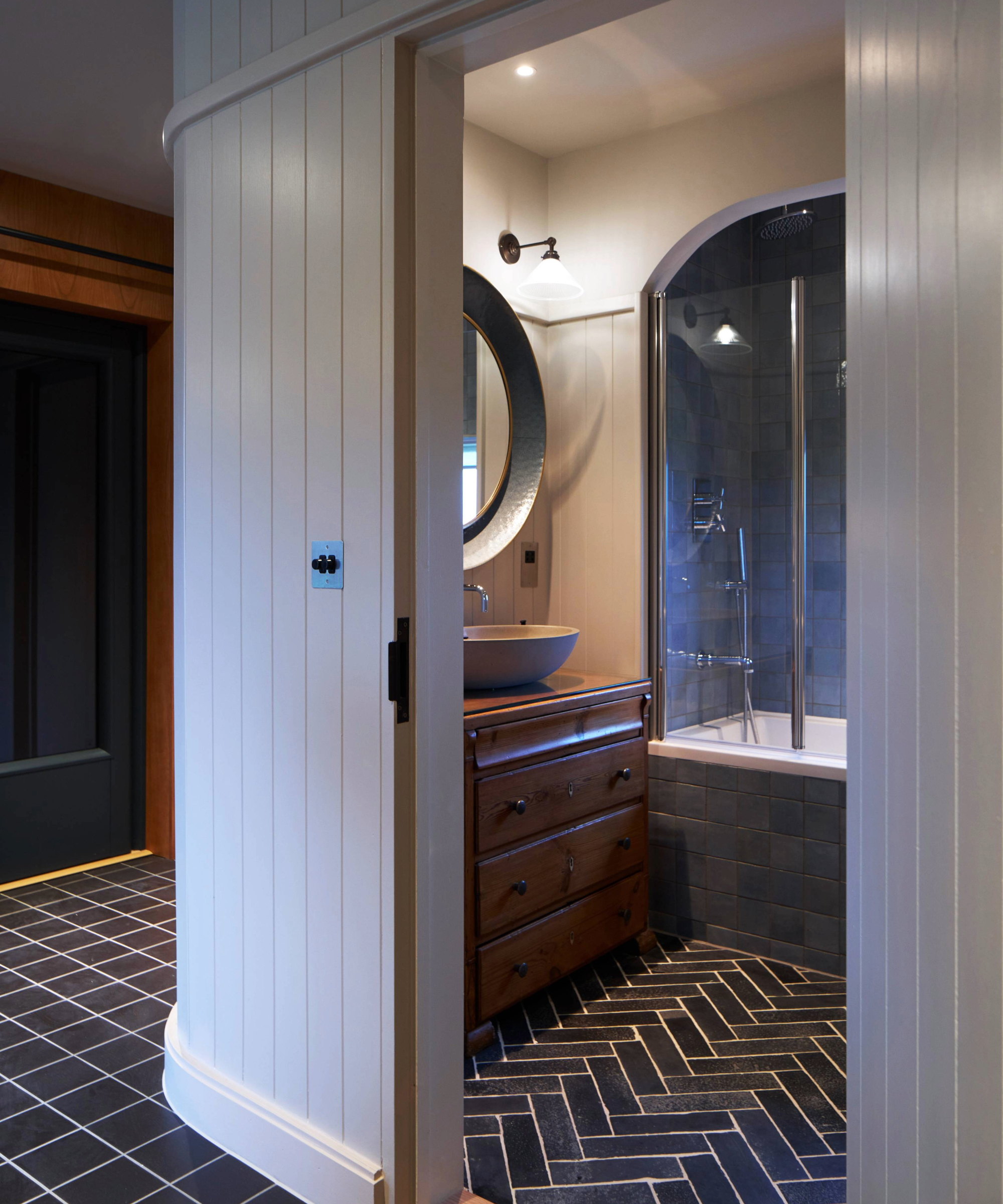 View of the bathroom from a door way