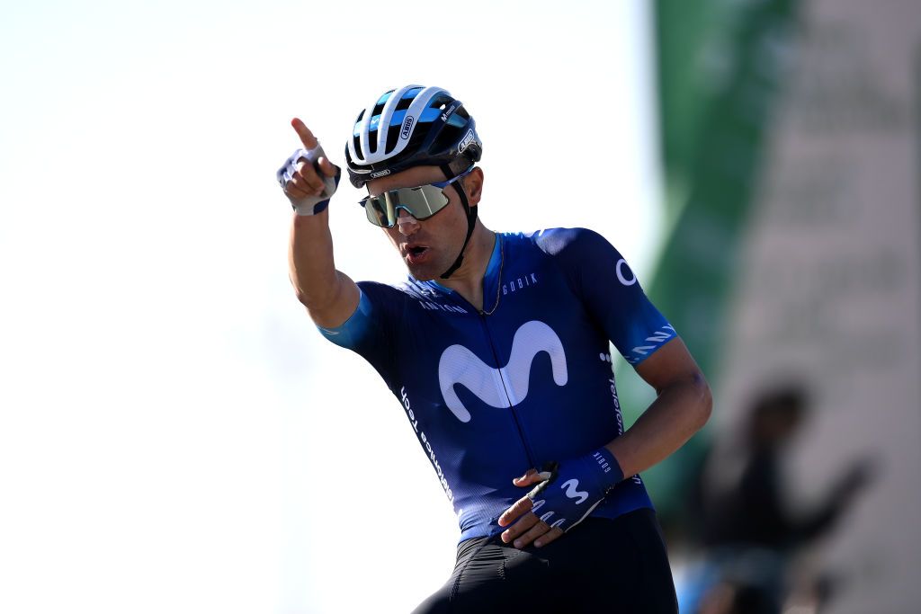 SKYVIEWS OF HARRAT UWAYRID SAUDI ARABIA FEBRUARY 02 Ruben Almeida Guerreiro of Portugal and Movistar Team celebrates at finish line as stage winner during the 3rd Saudi Tour 2023 Stage 4 a 1633km stage from Maraya to Skyviews of Harrat Uwayrid 1159m SaudiTour on February 02 2023 in Skyviews of Harrat Uwayrid Saudi Arabia Photo by Alex BroadwayGetty Images