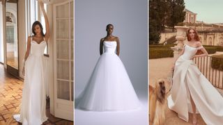 three brides wearing corseted gowns in front of wedding venues