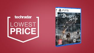 Demon's Souls PS5 box on a red background next to techradar deals lowest price badge