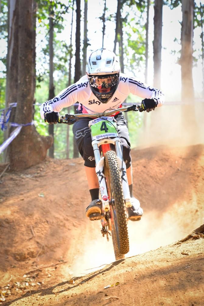 Great Britain's Michael Jones kicks up a lot of dust on the dry downhill course on his way to a third position in the Junior Men's Downhill at the Cascades MTB Park in Pietermaritzburg on Friday.
