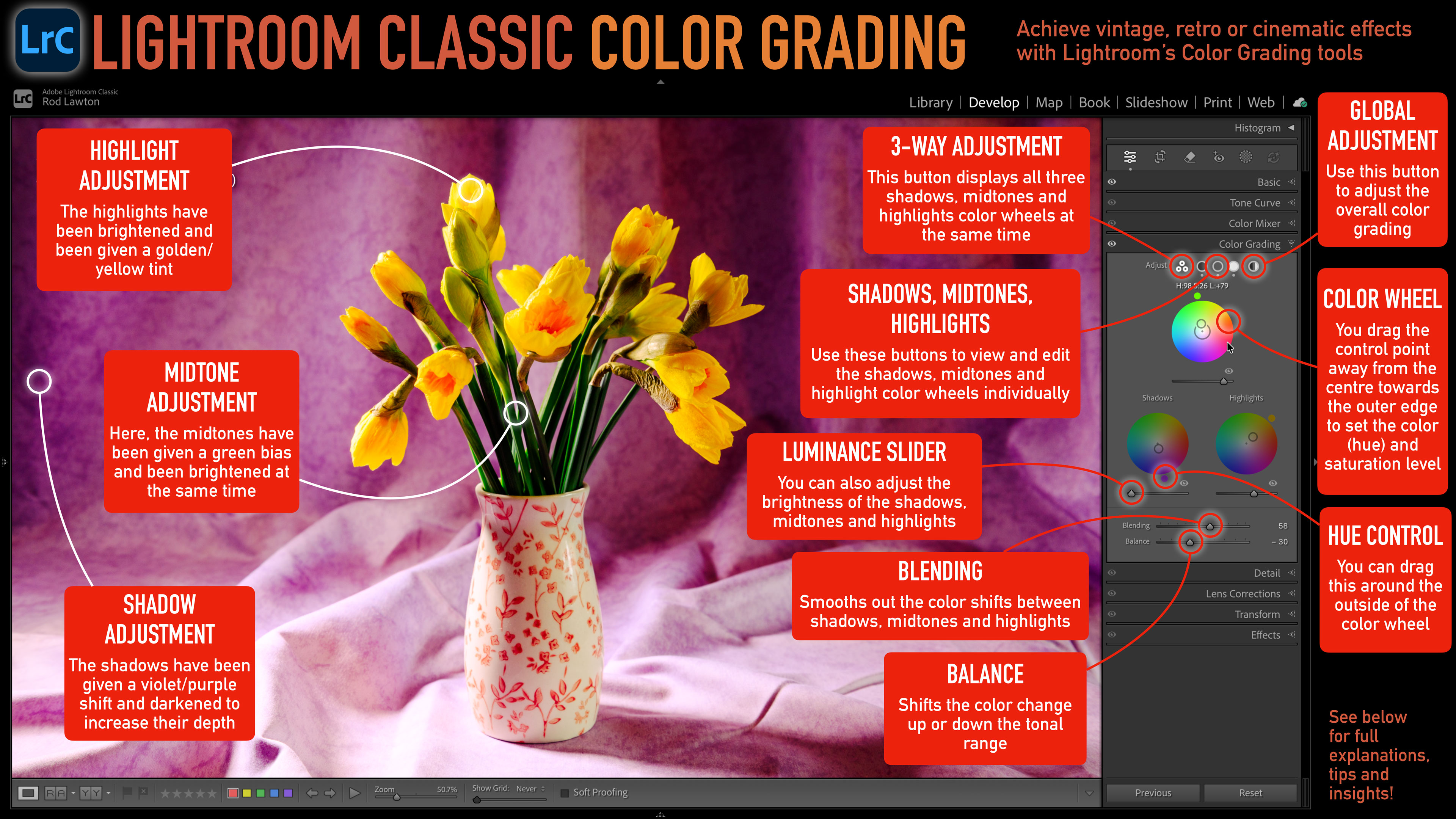 Lightroom's Color Grading tools are a great way to add a vintage or cinematic look to your photos