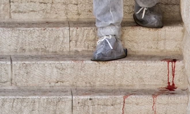 Blood on synagogue steps