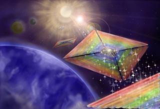 A light sail using diffractive gratings, as depicted in this artist’s conception, generates sideways forces that could keep it aligned with a laser beam or allow it to be steered toward a target.
