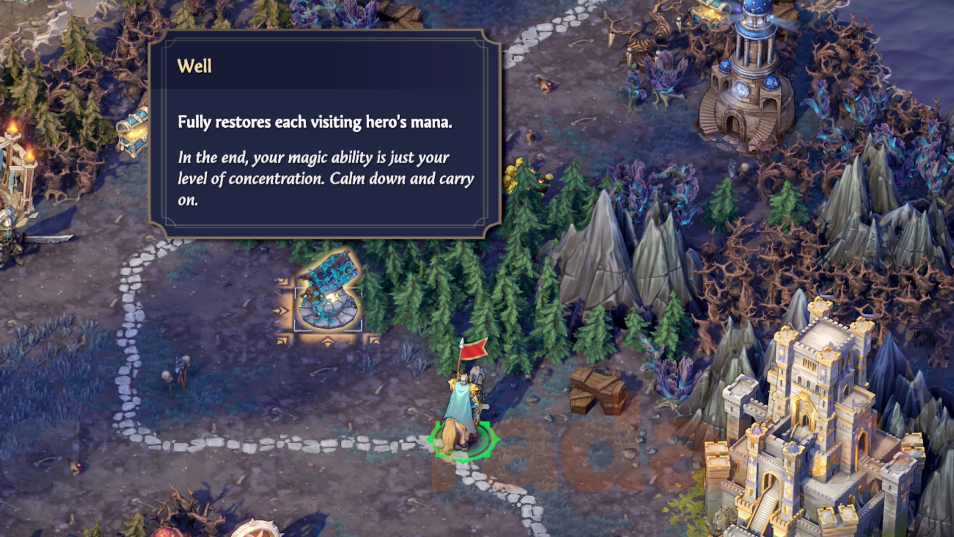 A Hero stands in front of a Well, where players can replenish their mana in Heroes Olden Era.