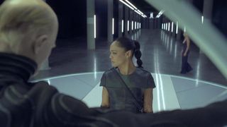 still from Westworld showing a woman in a sci-fi environment