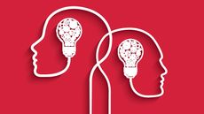 Human heads with light bulbs and gears on red background