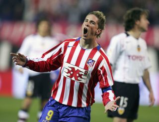 Fernando Torres celebrates after scoring for Atletico Madrid against Valencia in 2005.