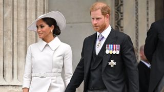 Queen fresh heartache Meghan journal - Meghan, Duchess of Sussex and Prince Harry, Duke of Sussex attend the National Service of Thanksgiving at St Paul's Cathedral on June 03, 2022 in London, England.