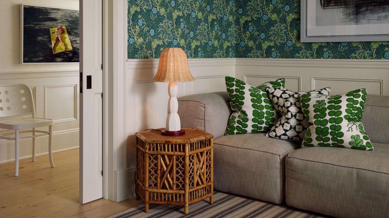 Rattan light in green living room