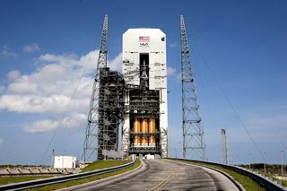 NASA's Orion capsule sits atop a United Launch Alliance Delta 4 Heavy rocket inside the Mobile Service Tower at Florida's Cape Canaveral Air Force Station ahead of its first test flight, which is scheduled to take place on Dec. 4, 2014. 