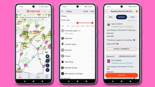 Screens from the app Zapmap on a Google Pixel 8 phone on a pink background