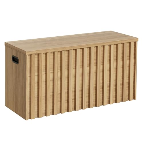 Uev Storage Bench,39.4" Wood Box, Storage Trunk With 2 Safety Hinges, Ottoman Storage Chest, Fluted Storage Bench for Bedroom, Entryway, Living Room(natural Wood)