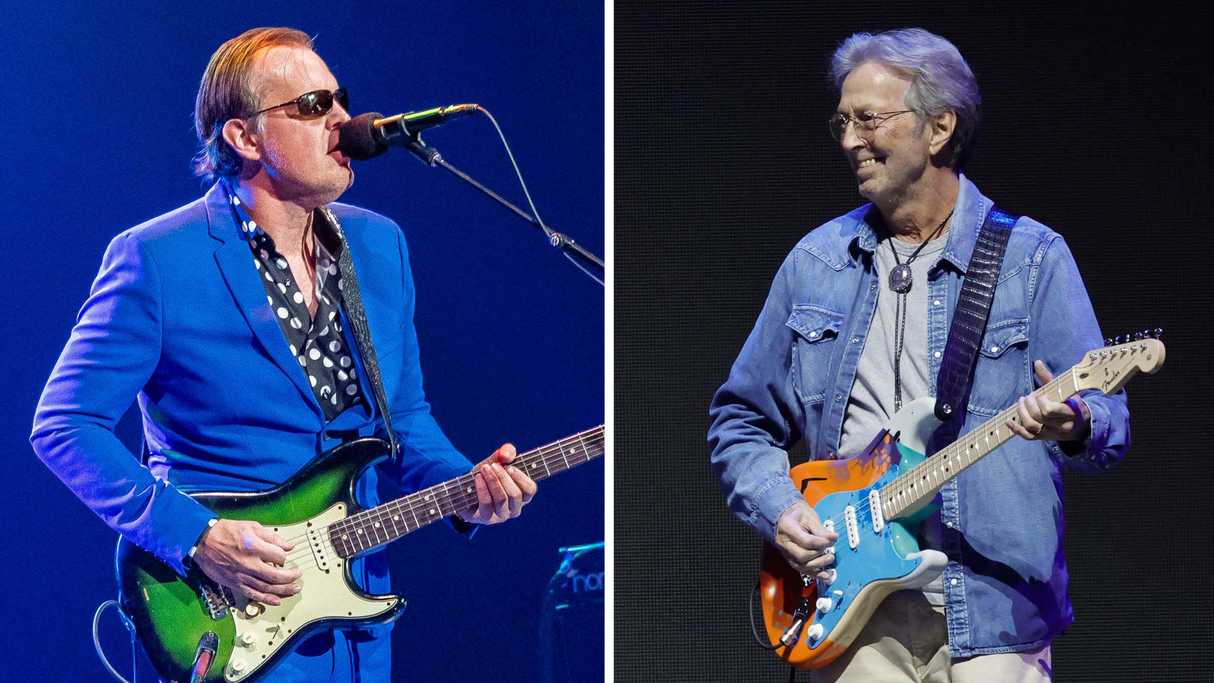 Joe Bonamassa [left] wears a blue suit and polka-dotted shirt as he plays his green burst Strat onstage; Eric Clapton plays the 2023 Crossroads Guitar Festival.