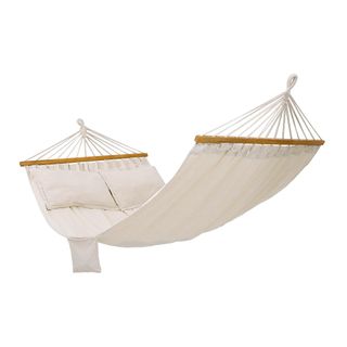 A cream double hammock with wooden spacer bars