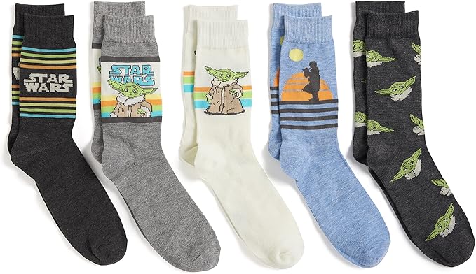 5 different pairs of The Mandalorian themed socks lined up in a row
