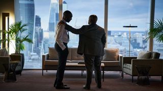 Paapa Essiedu as Alexander Dumani and Lucian Msamati as Ed Dumani in AMC Plus's 'Gangs of London'.