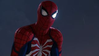 Spider-Man suit - Spider-Man wearing a classic red and navy suit with white eyes